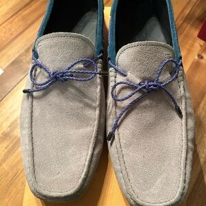 Tod's Light Gray Suede Loafers with Blue Accents